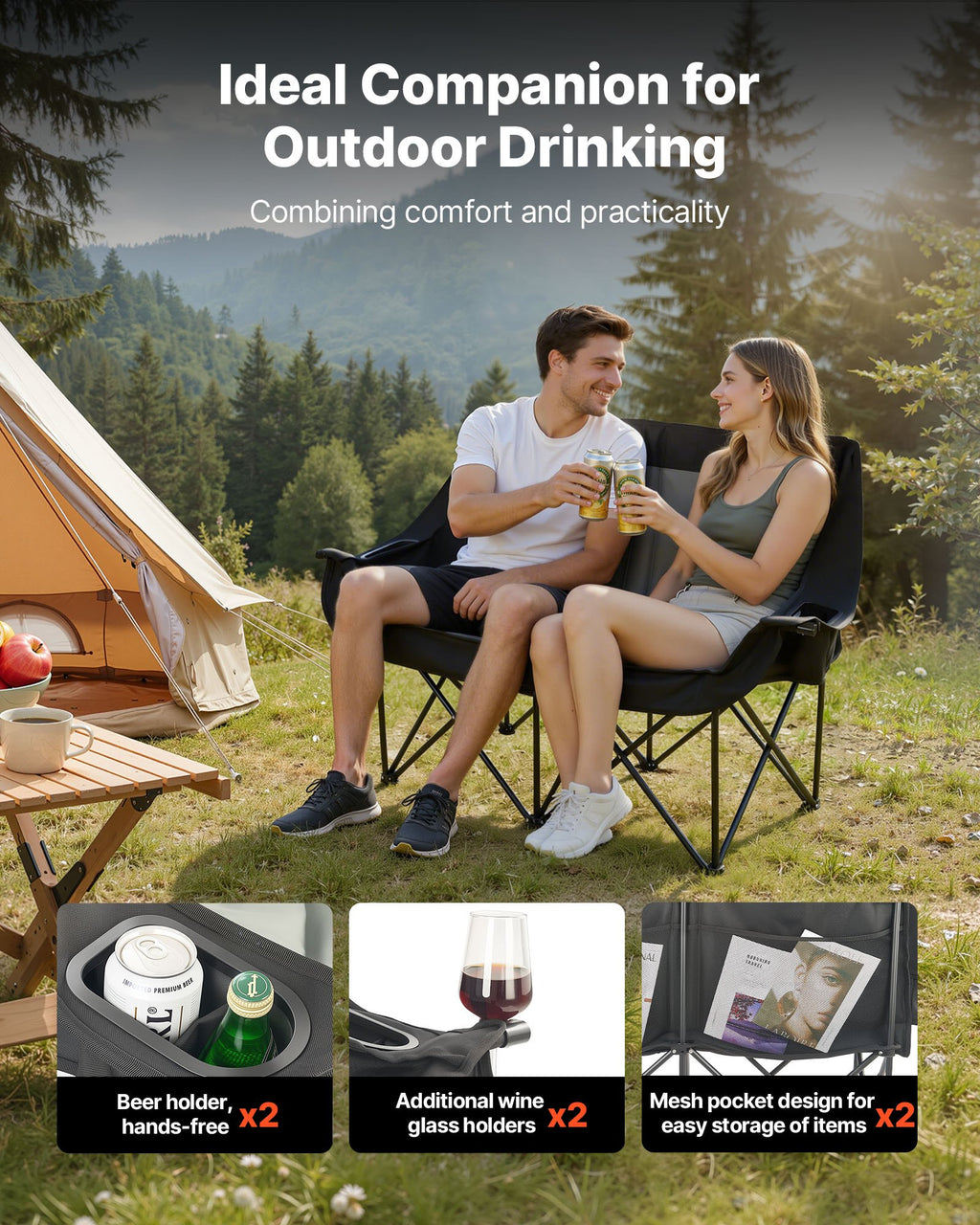 Double Camping Chair Two Person Oversized 660 lb with Cup Holders – image 5