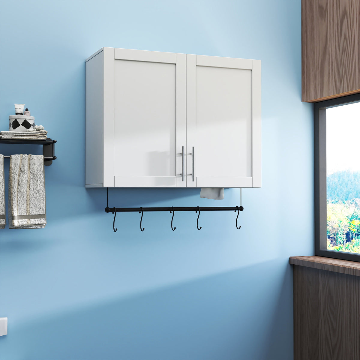 Bathroom Wall Cabinet with Towel Bar, Adjustable Shelf and 5 Hooks – image 3