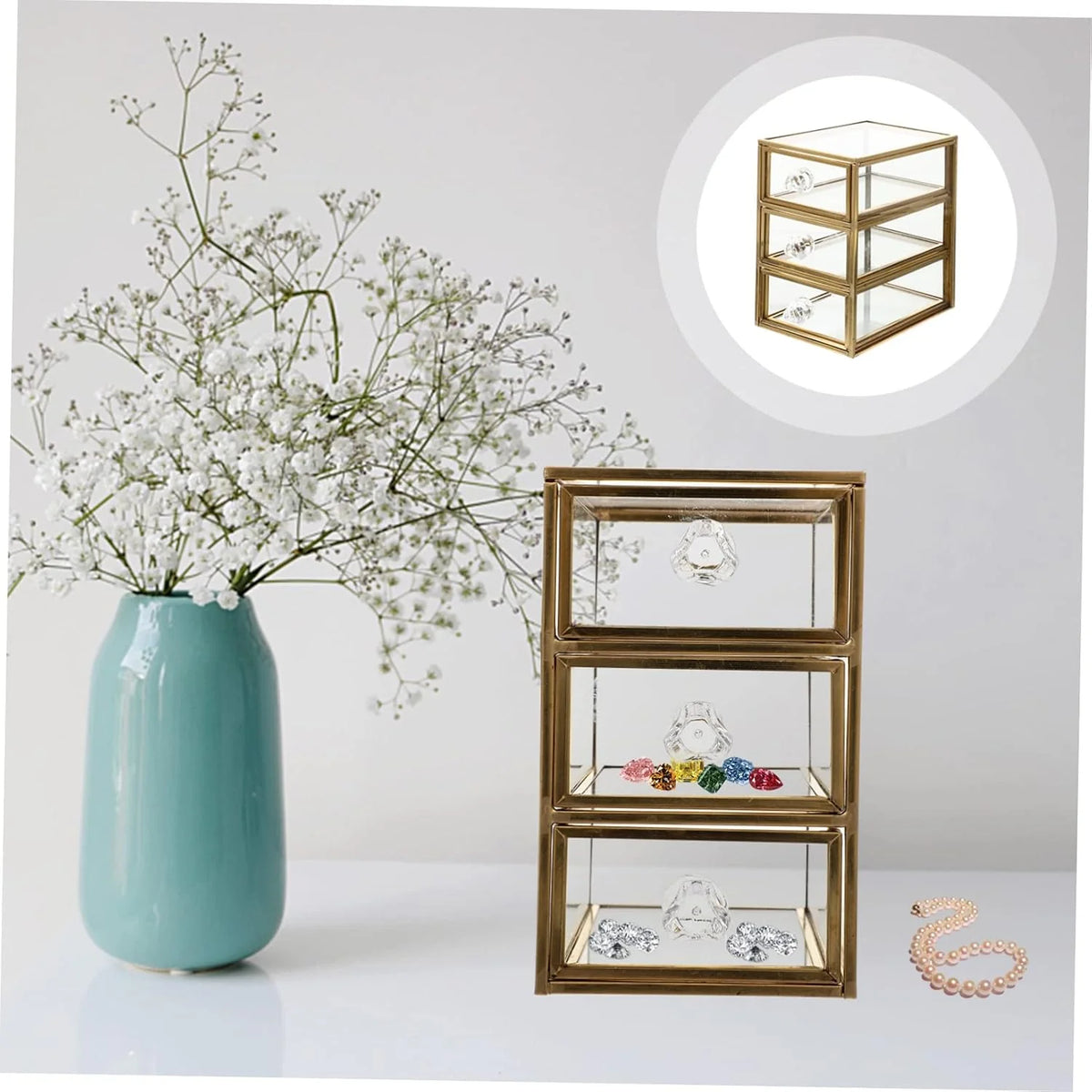 3-Tier Jewelry Box with Drawer, Golden Glass Display Organizer – image 4