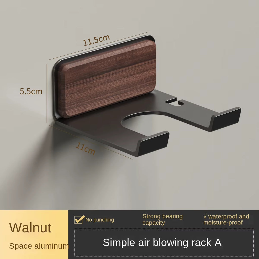 Wall Mounted Hair Dryer Holder, Punch-Free Wood and Aluminum Rack