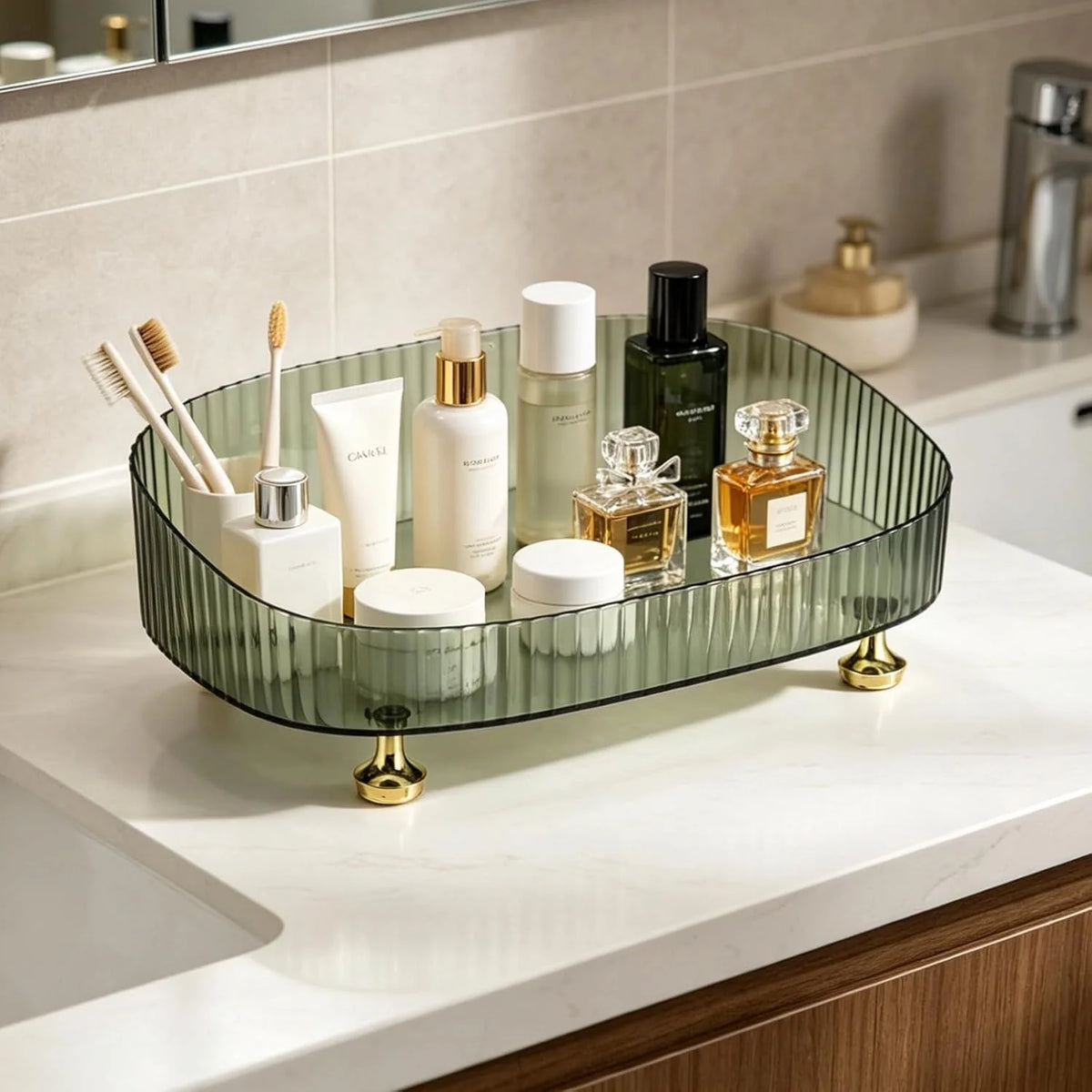 Makeup Organizer Tray, Slanted Green Vanity Tray with Gold Feet – image 5