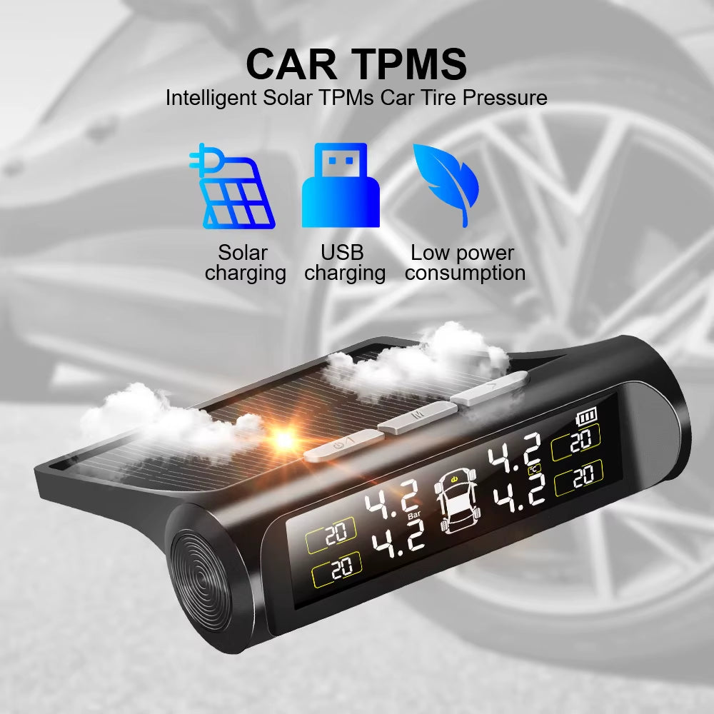 Solar Tire Pressure Monitoring System - Wireless TPMS with LCD Display & Alarm