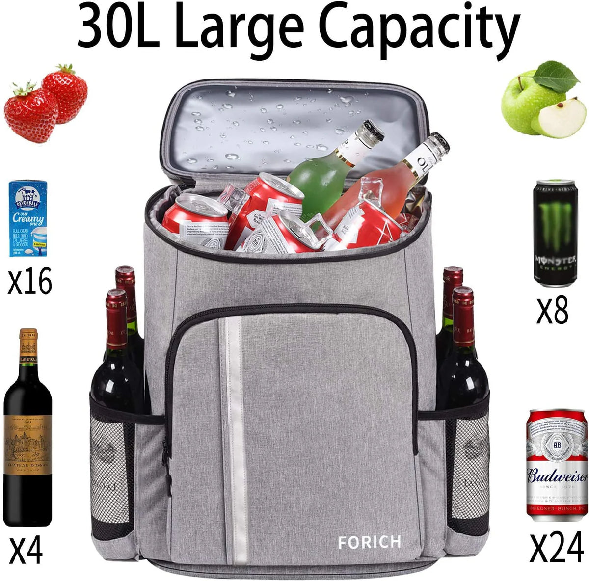 Backpack Cooler – Leakproof Insulated Cooler Bag, Holds 30 Cans, Gray – image 3