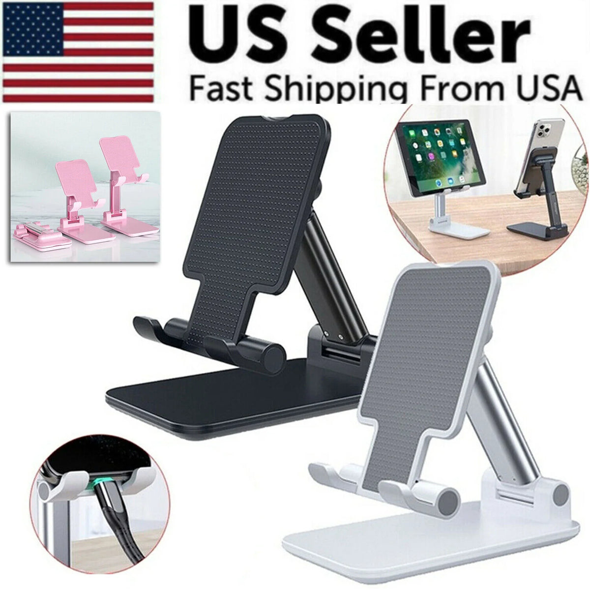 Adjustable Phone Tablet Stand – Foldable Aluminum Desk Holder