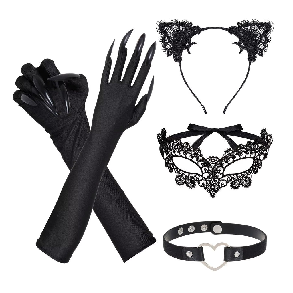 Black Cat Costume Accessories Set with Ears, Lace Mask, Claw Gloves