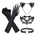 Black Cat Costume Accessories Set with Ears, Lace Mask, Claw Gloves