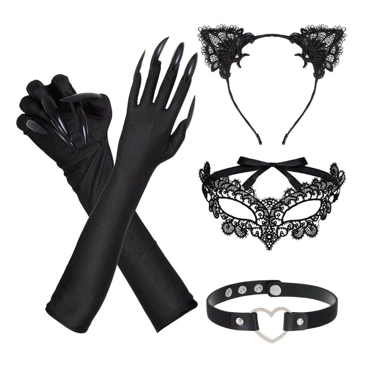 Black Cat Costume Accessories Set with Ears, Lace Mask, Claw Gloves