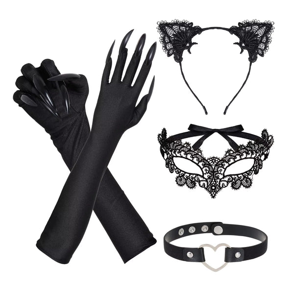 Black Cat Costume Accessories Set with Ears, Lace Mask, Claw Gloves