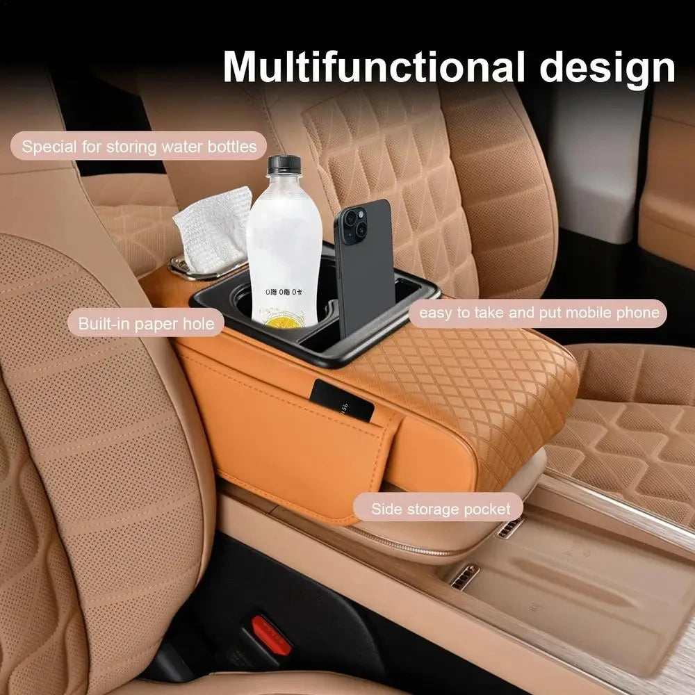 Car Center Console Armrest Cushion with 2 Cup Holders - Height Raising Arm Rest Pad