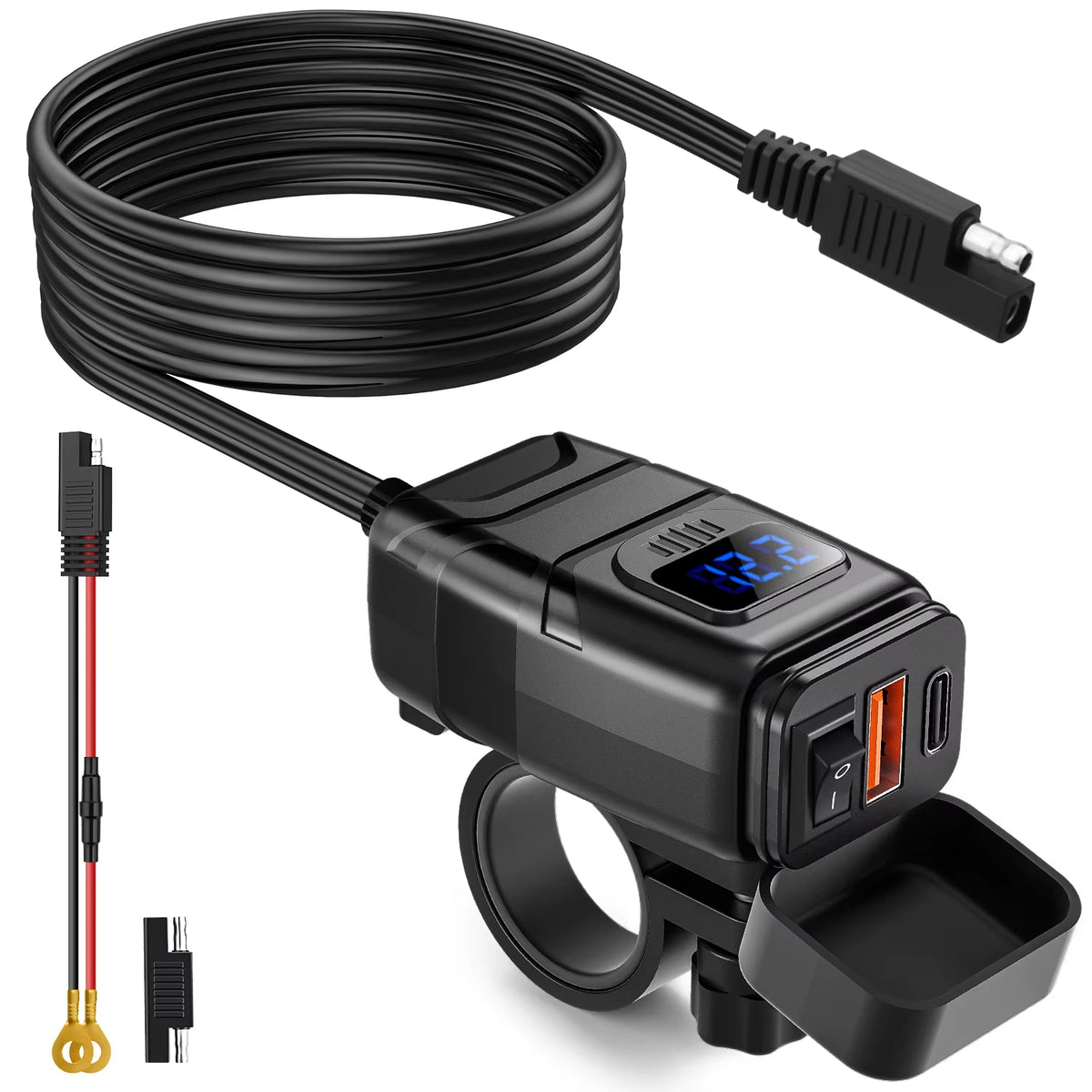 Motorcycle Dual USB Charger with Voltmeter, 12V Handlebar Mount