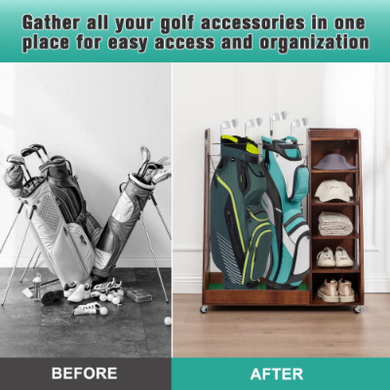 Wooden Golf Bag Organizer for 2 Bags With Shoe Shelves – image 12