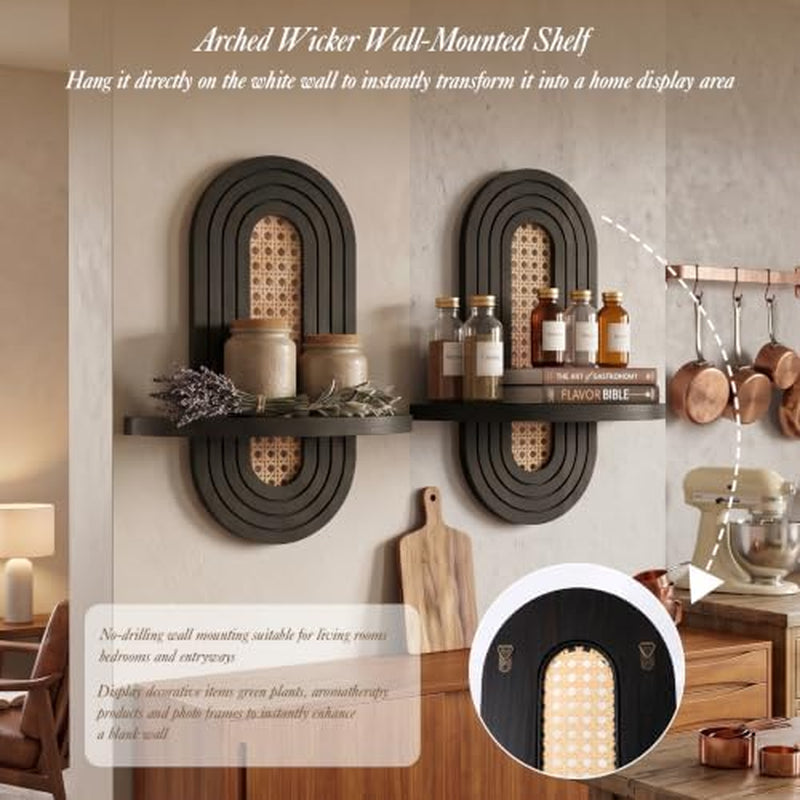 Rattan Floating Shelves Set of 2, Boho Arched Wall Plant Shelf – image 5