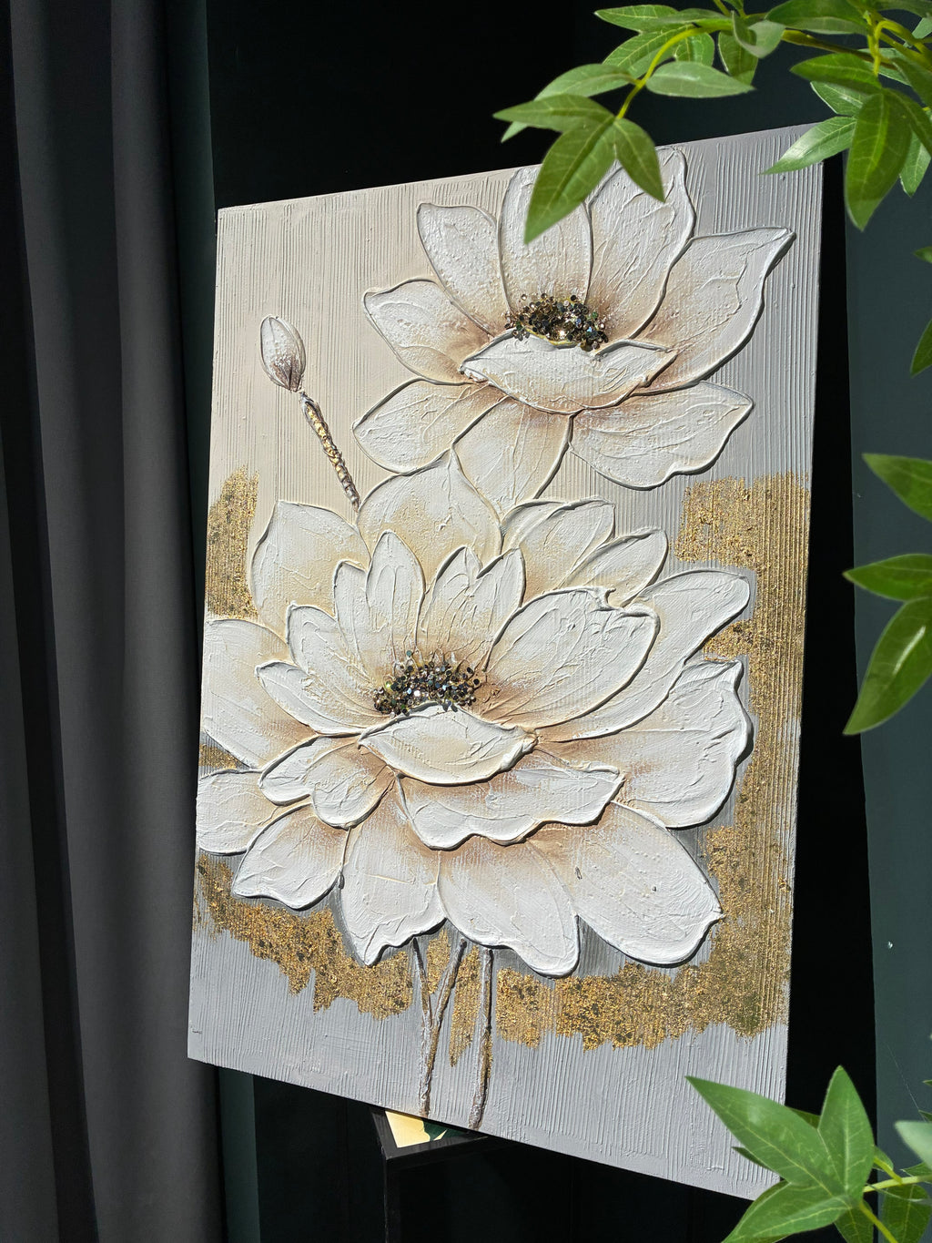 Textured Lotus Flower Canvas Wall Art 24 x 36 In, White and Gold – image 11