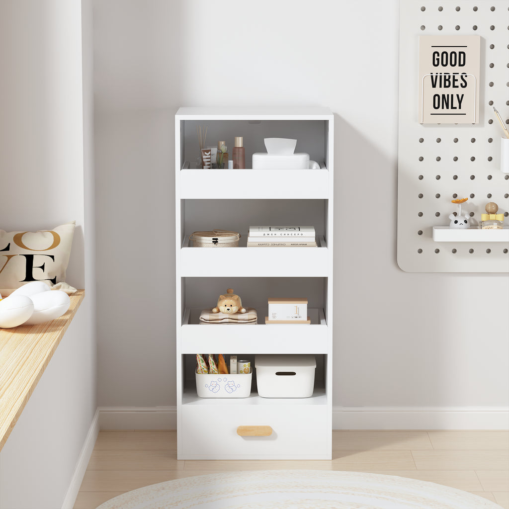 4-Tier Bookshelf with 3 Sliding Drawers and Bottom Drawer, White – image 5