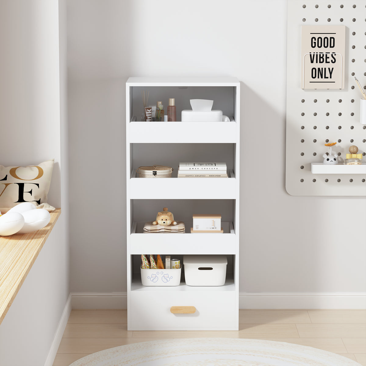 4-Tier Bookshelf with 3 Sliding Drawers and Bottom Drawer, White – image 5