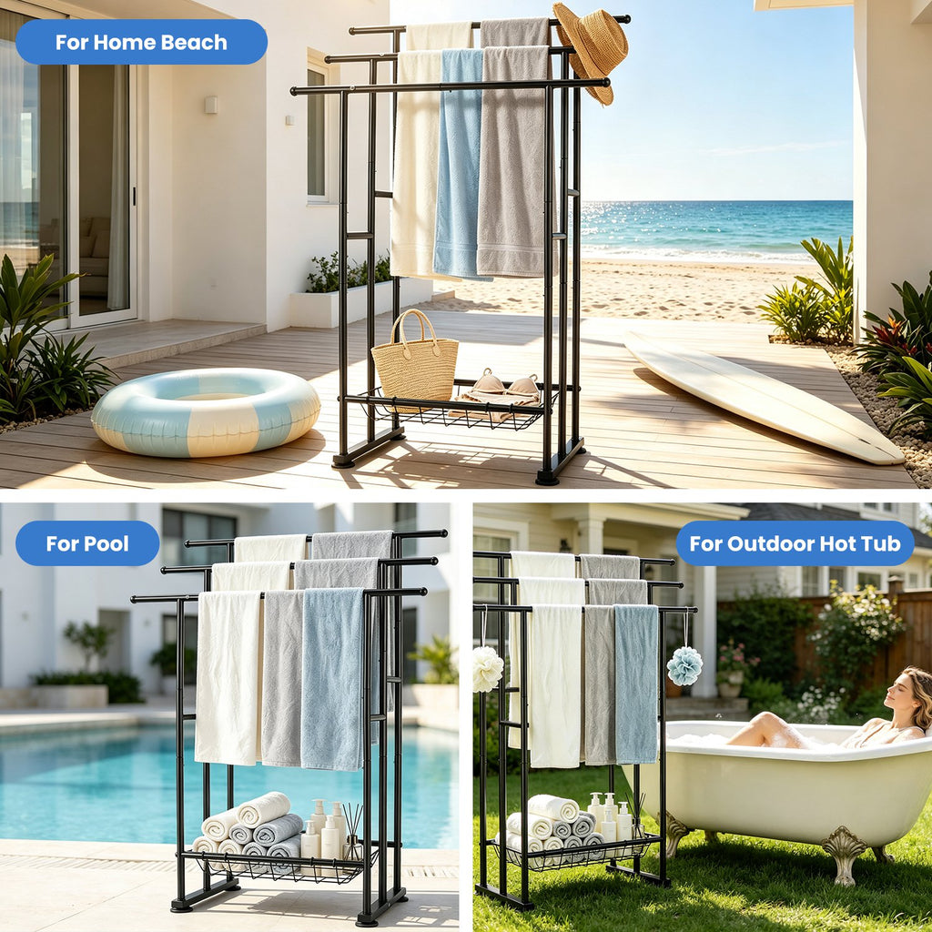 3-Tier Freestanding Towel Rack with Storage Basket, Black – image 7