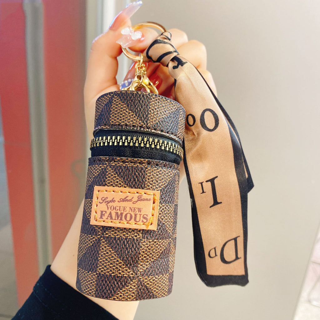Faux Leather Keychain Pouch – Mini Cylinder Zip Bag Charm