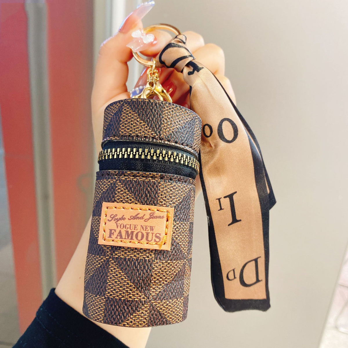 Faux Leather Keychain Pouch – Mini Cylinder Zip Bag Charm