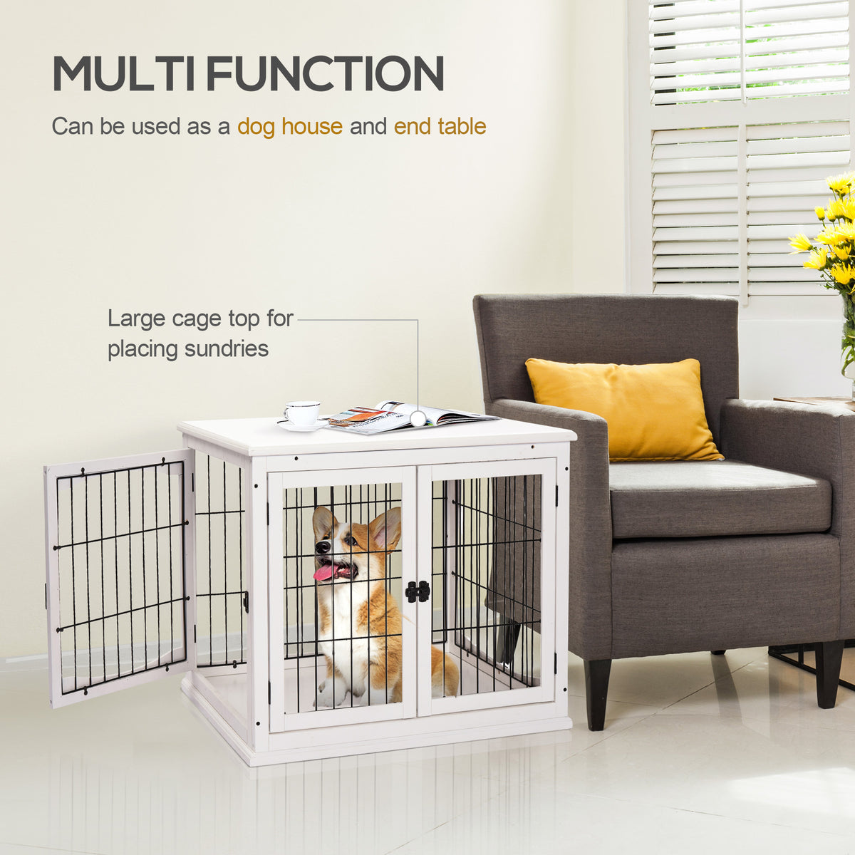 Dog Crate Furniture End Table, 32 in with 2 Lockable Doors, White – image 5