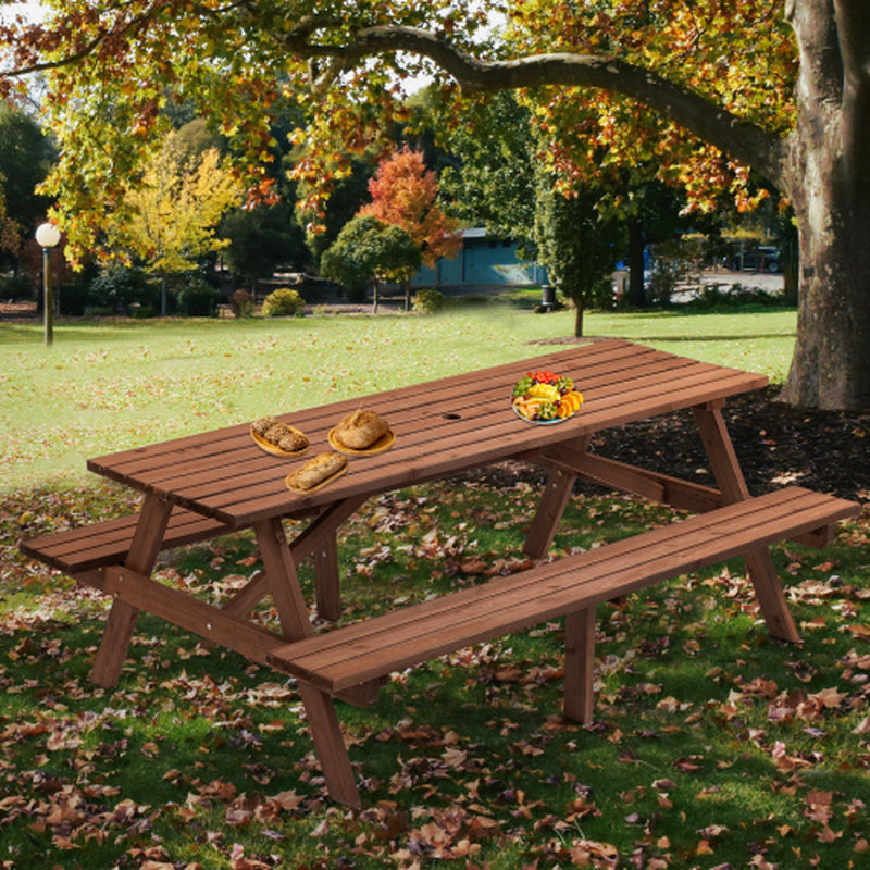 Wooden Picnic Table 75 in with 2 Built-In Benches, Umbrella Hole – image 2