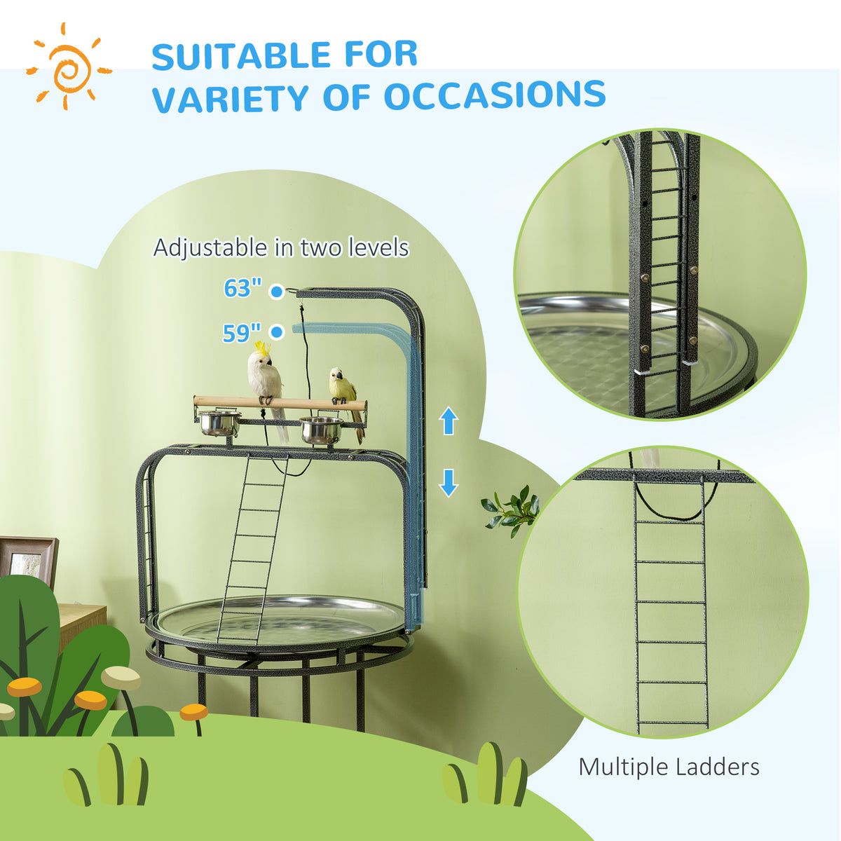 Parrot Stand, Large Bird Perch with 3 Ladders, Toy Hook and Wheels – image 7