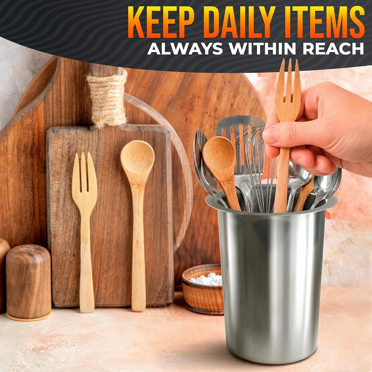 Utensil Holder Set – 3 Piece Stainless Steel Kitchen Canisters – image 3