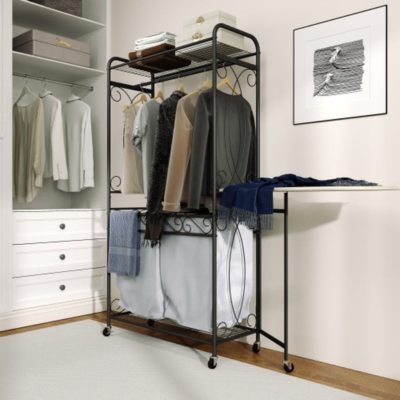 Rolling Laundry Cart with Hamper, Hanging Rail and Storage Shelf – image 2