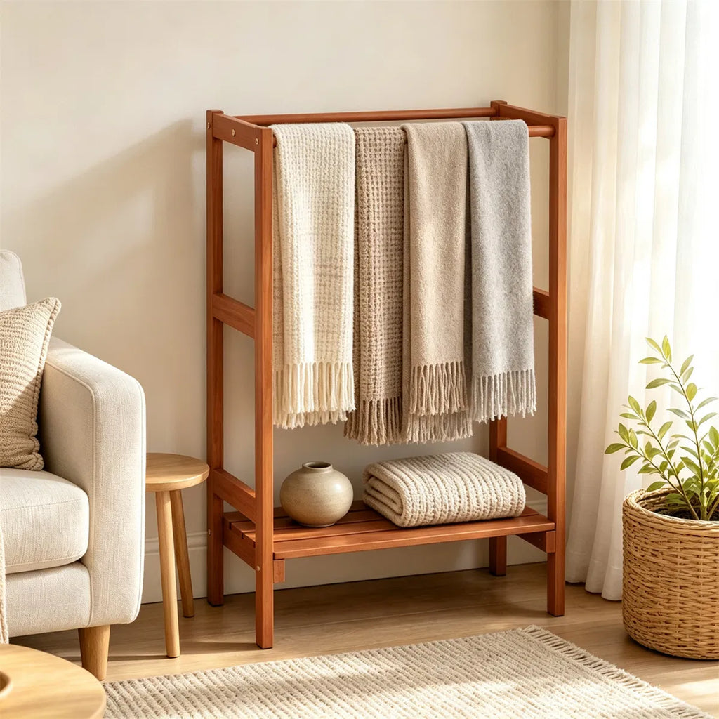 Blanket Stand Hardwood Freestanding with 3 Bars & Bottom Shelf – image 4