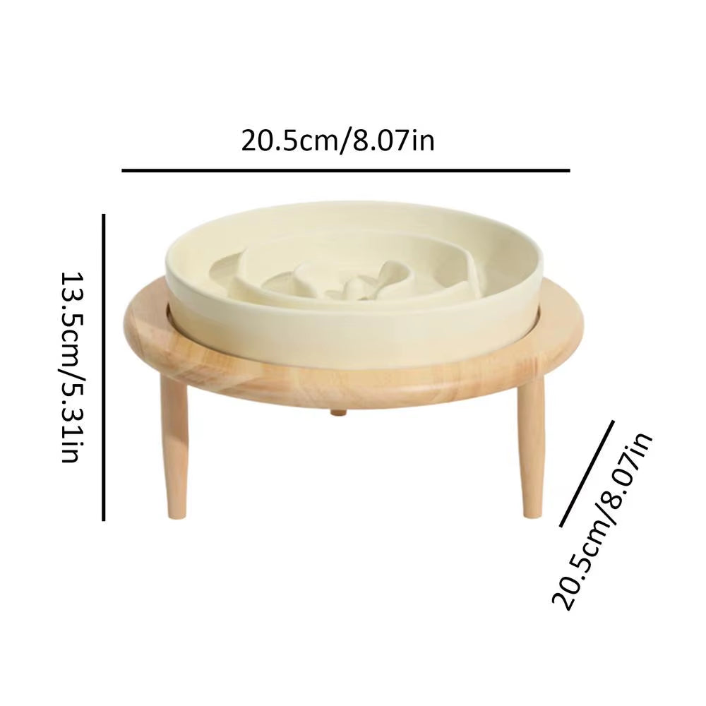 Ceramic Slow Feeder Bowl - Elevated Dog Bowl with Wood Stand