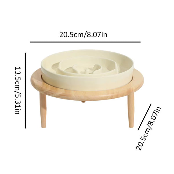 Ceramic Slow Feeder Bowl - Elevated Dog Bowl with Wood Stand