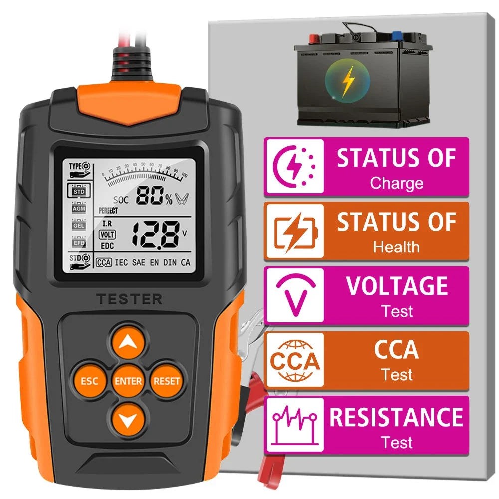Car Battery Tester 12V/24V Digital Analyzer for Lead Acid, AGM, Gel