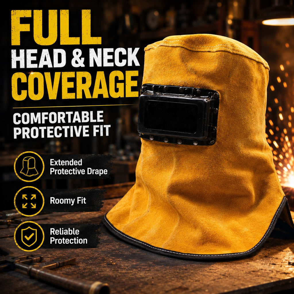 Leather Welding Hood with Lens, Sweat-Absorbent Welder Cap