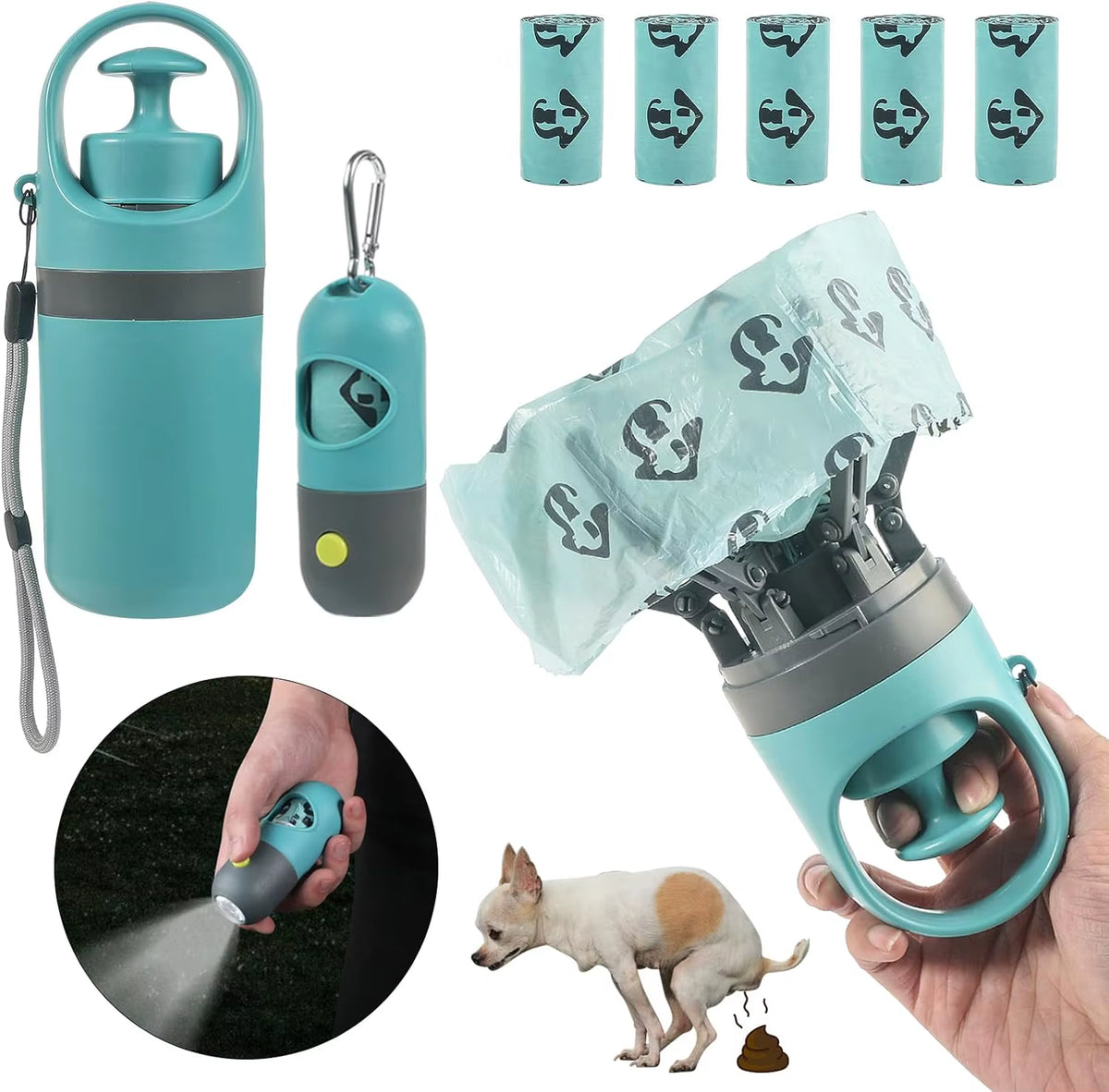 Dog Poop Scooper with LED Light - Claw Waste Picker with Bag Dispenser & Leash Clip