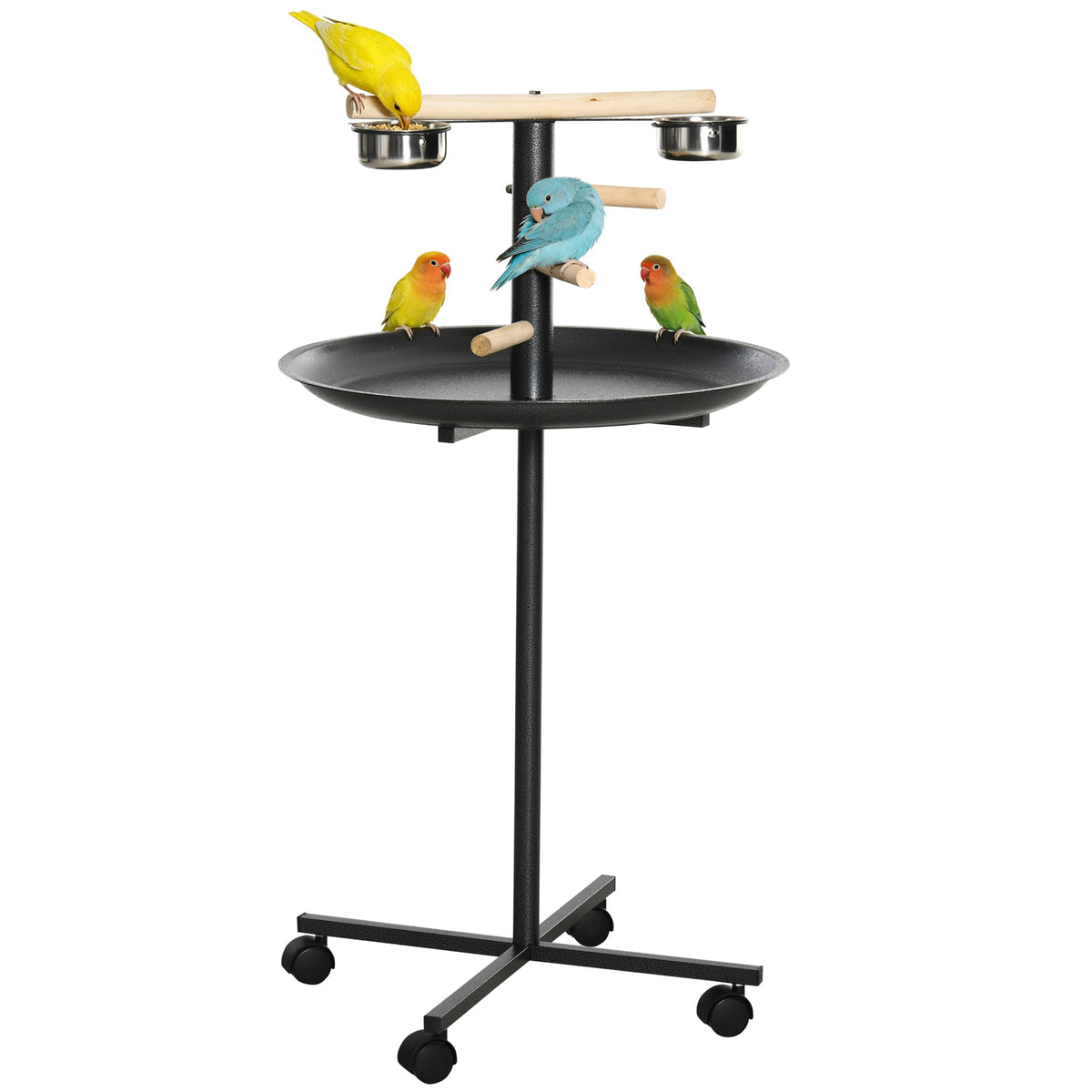 Rolling Bird Play Stand with Stainless Steel Bowls and Tray, Gray – image 1