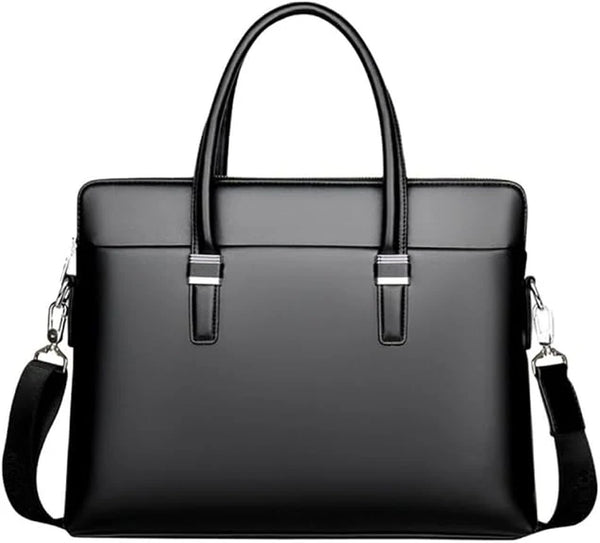 Cow Leather Laptop Briefcase Messenger Bag, Black