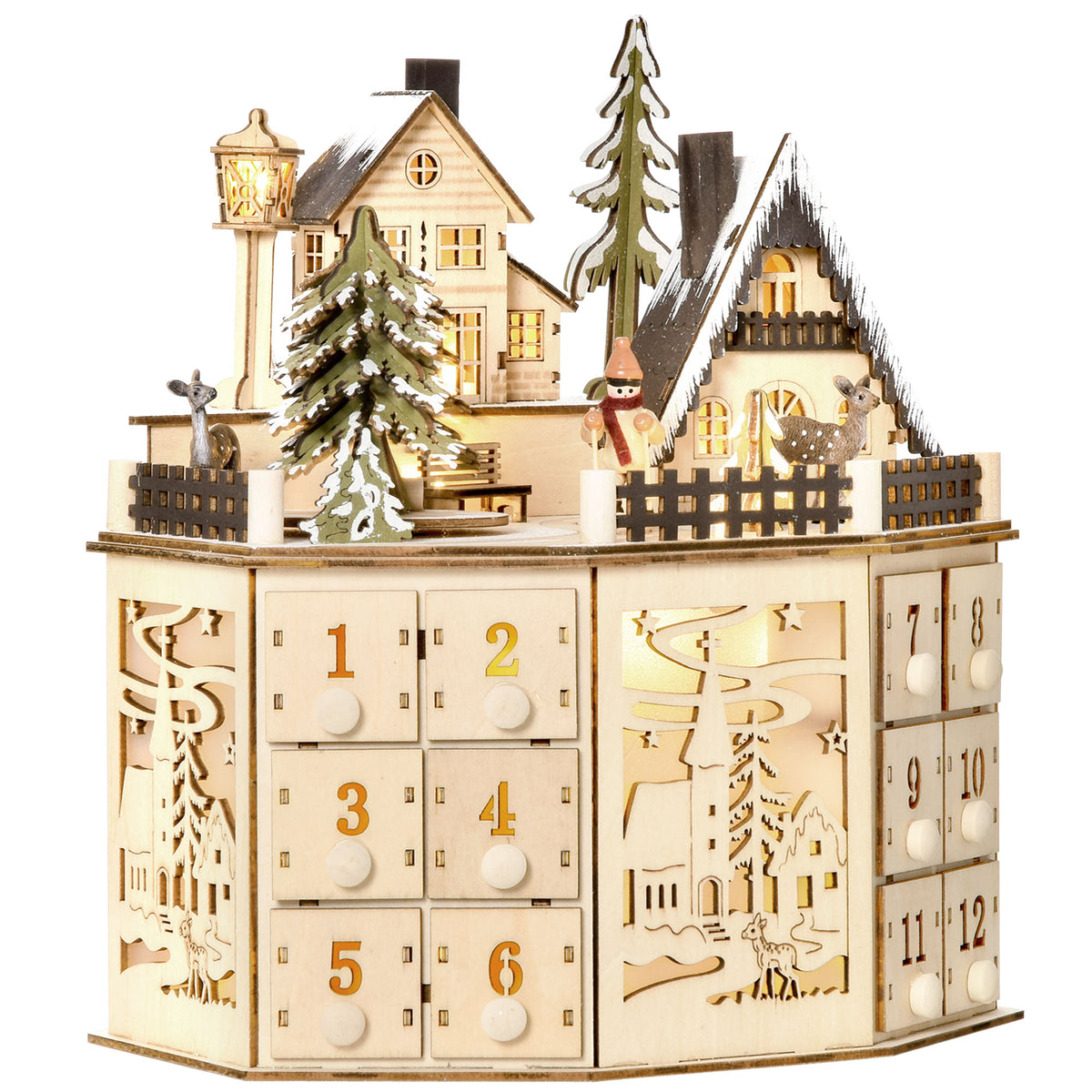Light-Up Christmas Advent Calendar, Wooden Village with Drawers