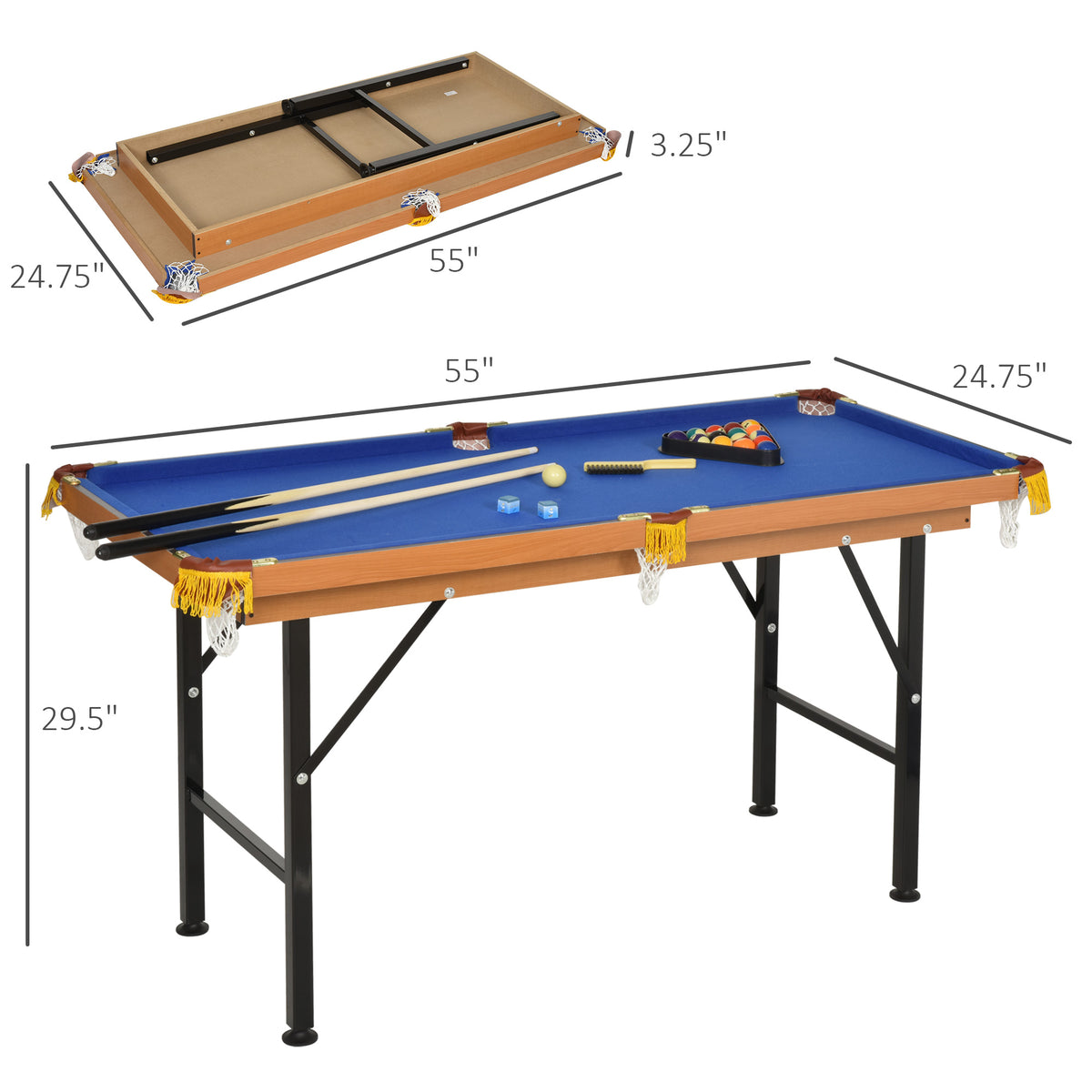 55 Inch Folding Billiards Table With Cues, Balls And Rack, Blue – image 3