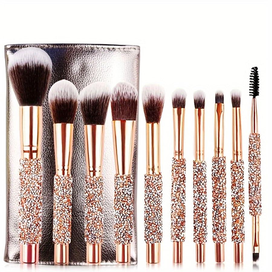 Makeup Brush Set 10 Piece, Crystal Handle Face & Eye Brushes