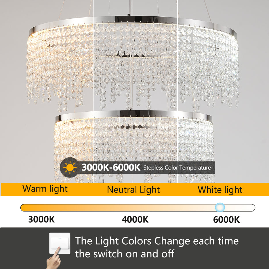 24 Inch round LED Crystal Chandelier, 3-Color Temperature, Chrome