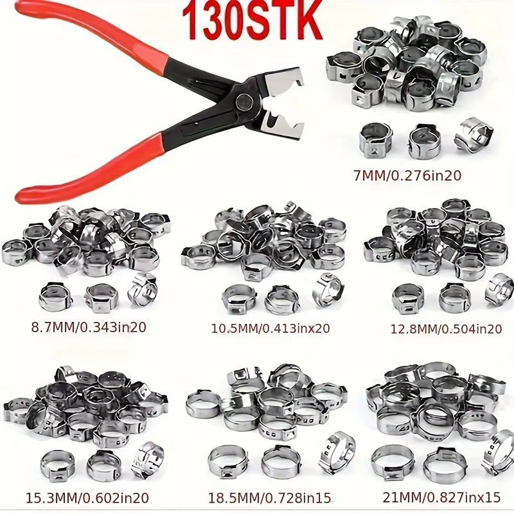 Plumbing Ear Clamp Pliers Kit with 130 Stainless Stepless Clamps