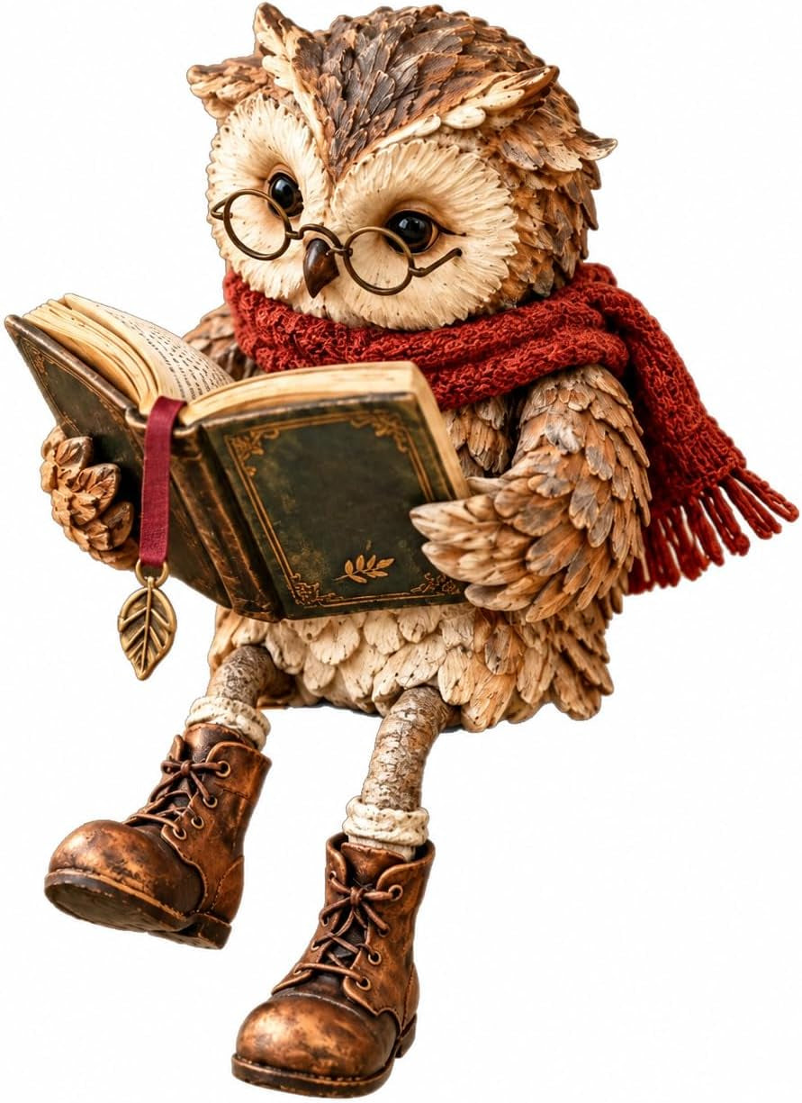 Reading Owl Figurine with Book, Bookshelf Decor