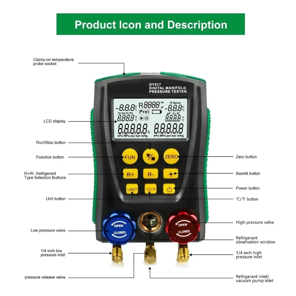 HVAC Digital Manifold Gauge, Dual Pressure & Temp, 93 Refrigerants – image 4