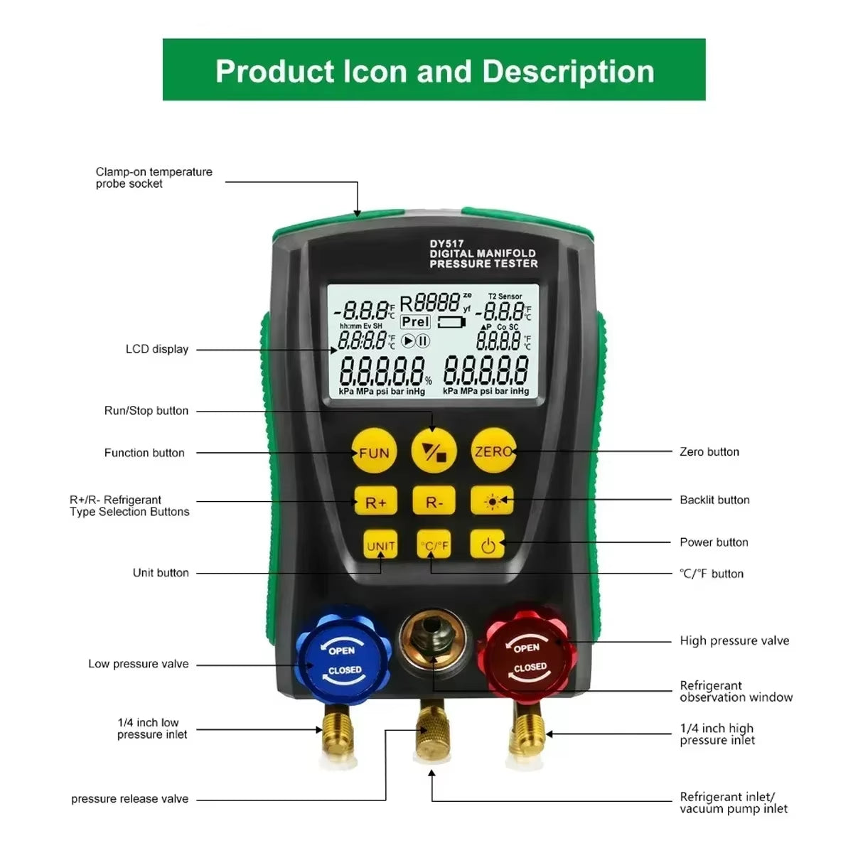 HVAC Digital Manifold Gauge, Dual Pressure & Temp, 93 Refrigerants – image 4