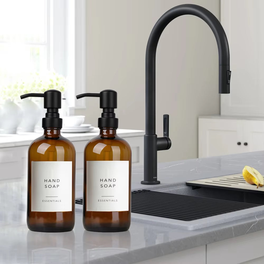 Amber Glass Soap Dispenser Set with Steel Pumps – image 5