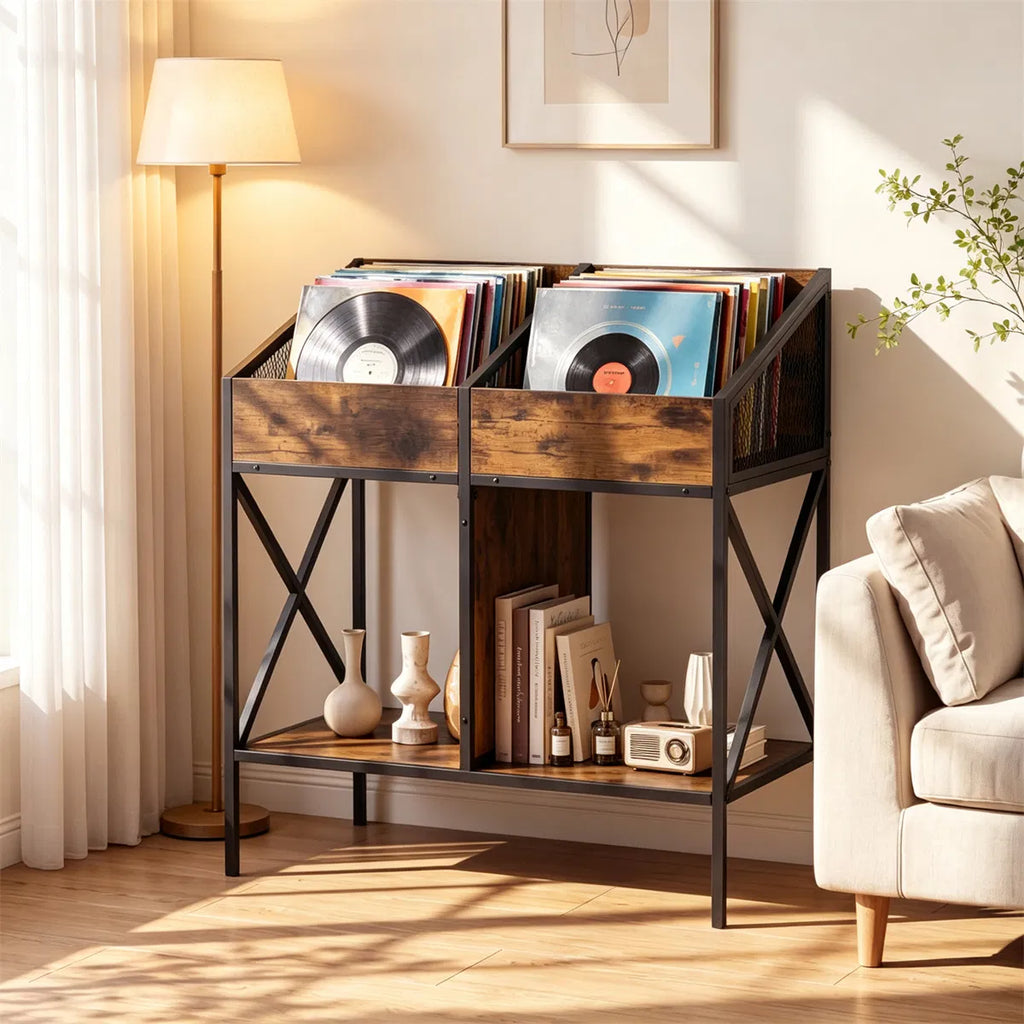 2-Tier Vinyl Record Storage Rack, Industrial Wood and Metal Stand – image 5