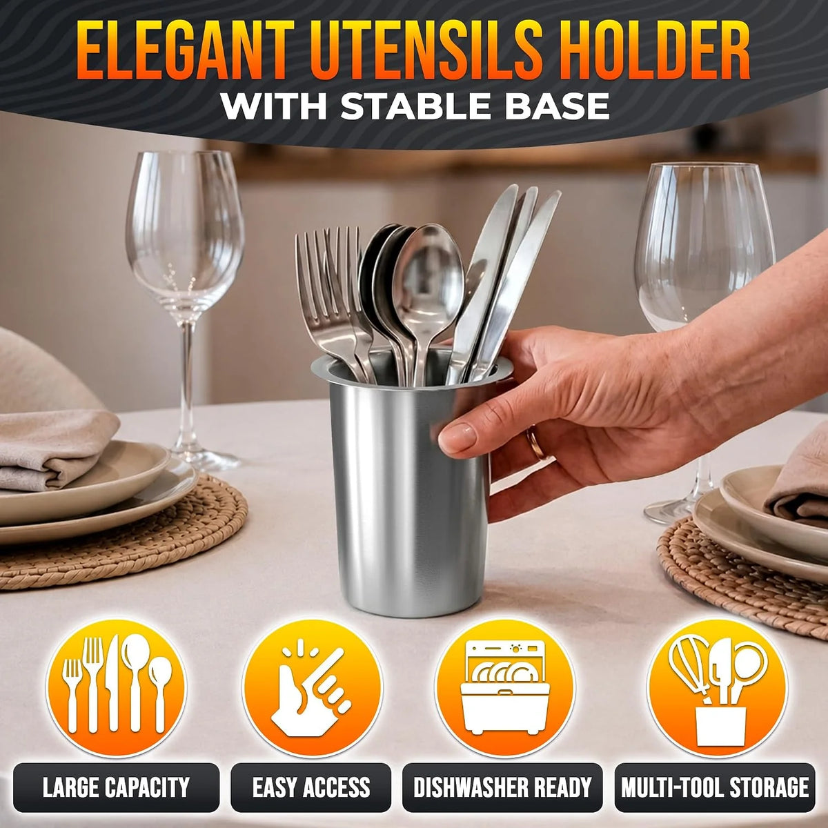 Utensil Holder Set – 3 Piece Stainless Steel Kitchen Canisters – image 7
