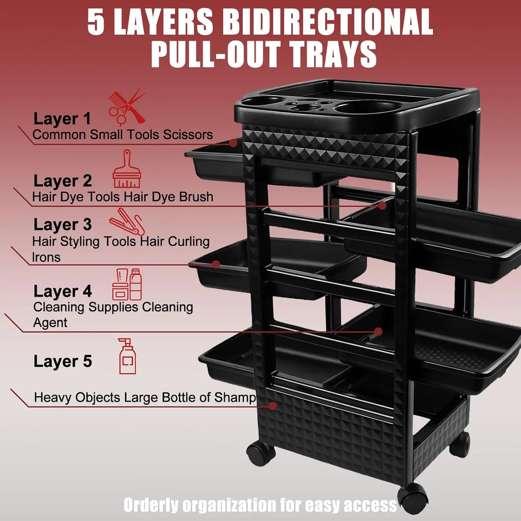 Salon Rolling Cart – 5-Drawer Beauty Trolley with Wheels, Black – image 9