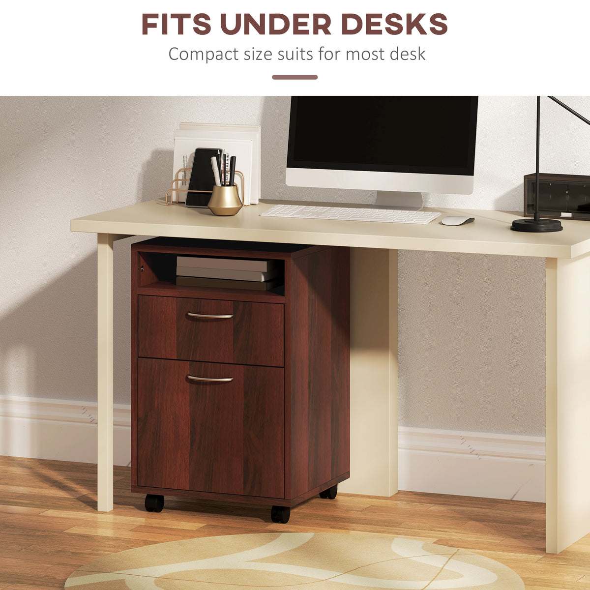 Mobile Printer Stand Cabinet with 2 Drawers, Shelf and Locking Casters – image 5
