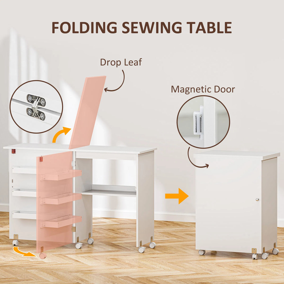 Folding Sewing Machine Cabinet with Storage Bins and Lockable Wheels – image 4