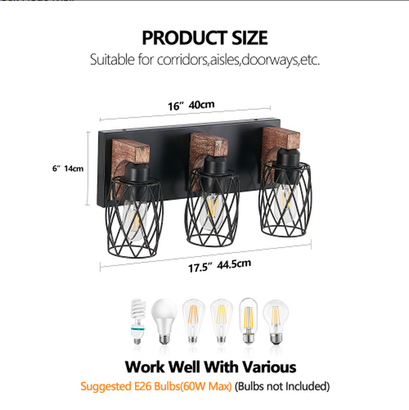 Industrial 3-Light Cage Wall Sconce with Wood Accents 18 Inch